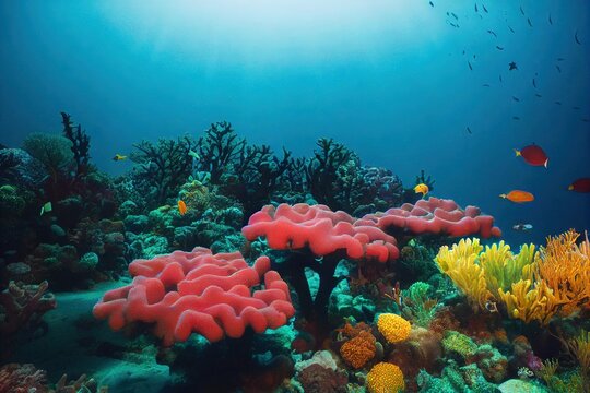 Red Star Corals And Sponges Marine Animals Underwater Seascape