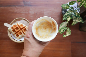 hot coffee, cappuccino coffee or latte coffee or mocha coffee and bakery
