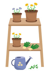 Garden set with watering can, rubber gloves, flowers and potted plants. Vector illustration of wooden stand on white background.