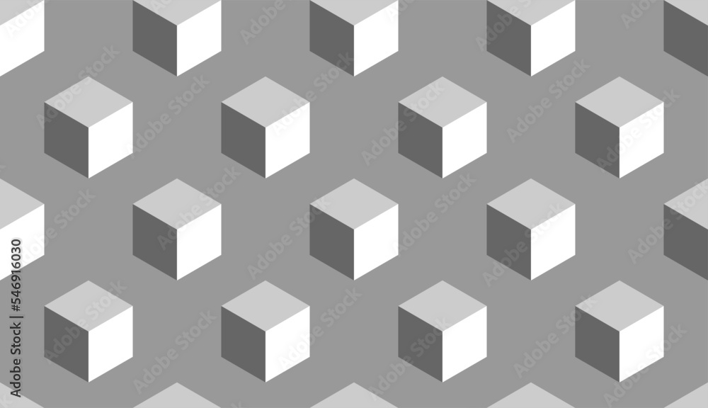 Poster abstract seamless pattern with block chain style cubes or boxes in 3d perspective view on grey backg