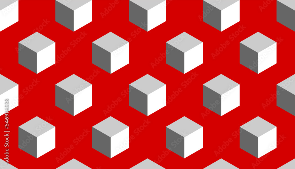 Poster abstract seamless pattern with block chain style cubes or boxes in 3d perspective view on red backgr