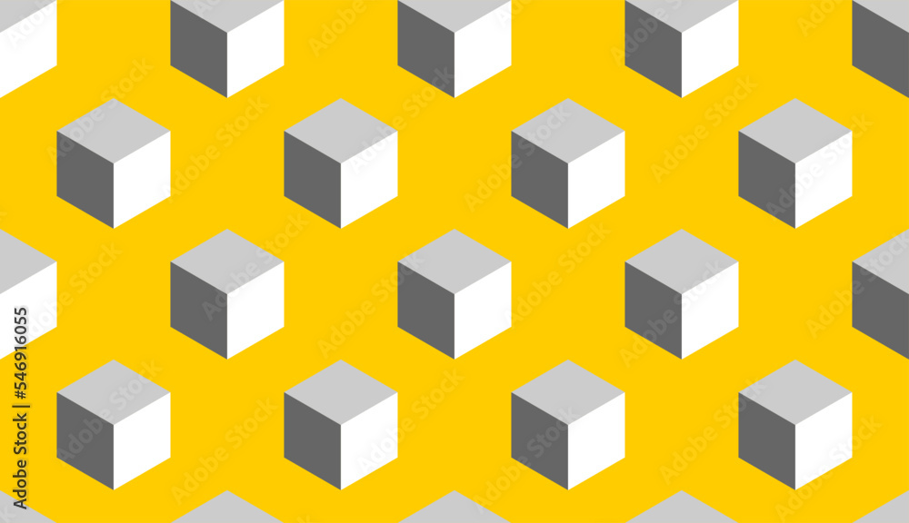 Poster abstract seamless pattern with block chain style cubes or boxes in 3d perspective view on yellow or 