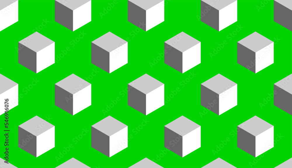 Poster abstract seamless pattern with block chain style cubes or boxes in 3d perspective view on green back