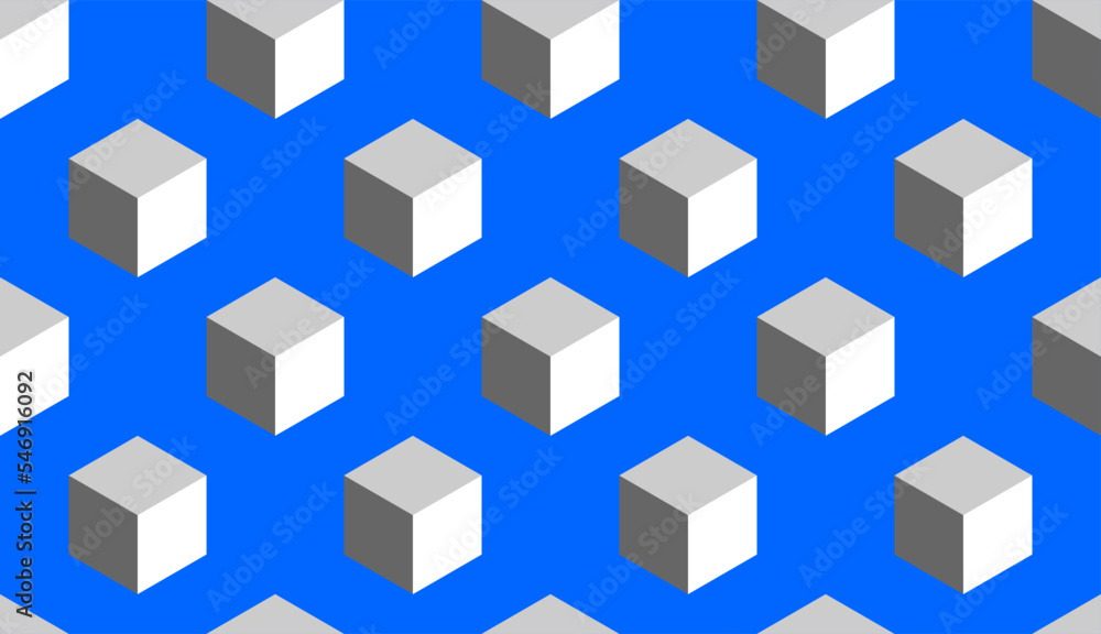 Poster abstract seamless pattern with block chain style cubes or boxes in 3d perspective view on blue backg