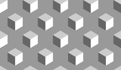 Abstract Seamless Pattern with Block Chain Style Cubes or Boxes in 3D Perspective View on Grey Background. Vector Image.