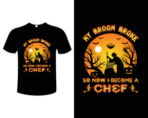 Halloween Cooking T-shirt Design Vector Illustration Template With Pumpkin Witch Boo And Moon Theme