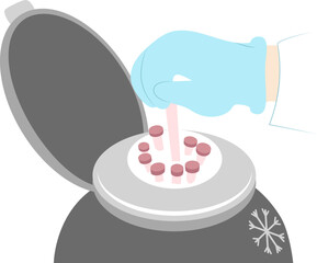 Freezing container with biomaterial: sperm, eggs, embryos for in vitro fertilization. Sperm or egg bank image.