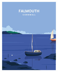 beautiful travel poster of a port of Falmouth under a blue cloudy sky in Cornwall, England. landscape vector illustration with flat style. - obrazy, fototapety, plakaty