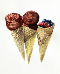 Ice cream cones. Chocolate and fruit ice cream, watercolor drawing