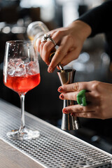 Close-up - the process of preparing a cocktail in a restaurant using a shaker