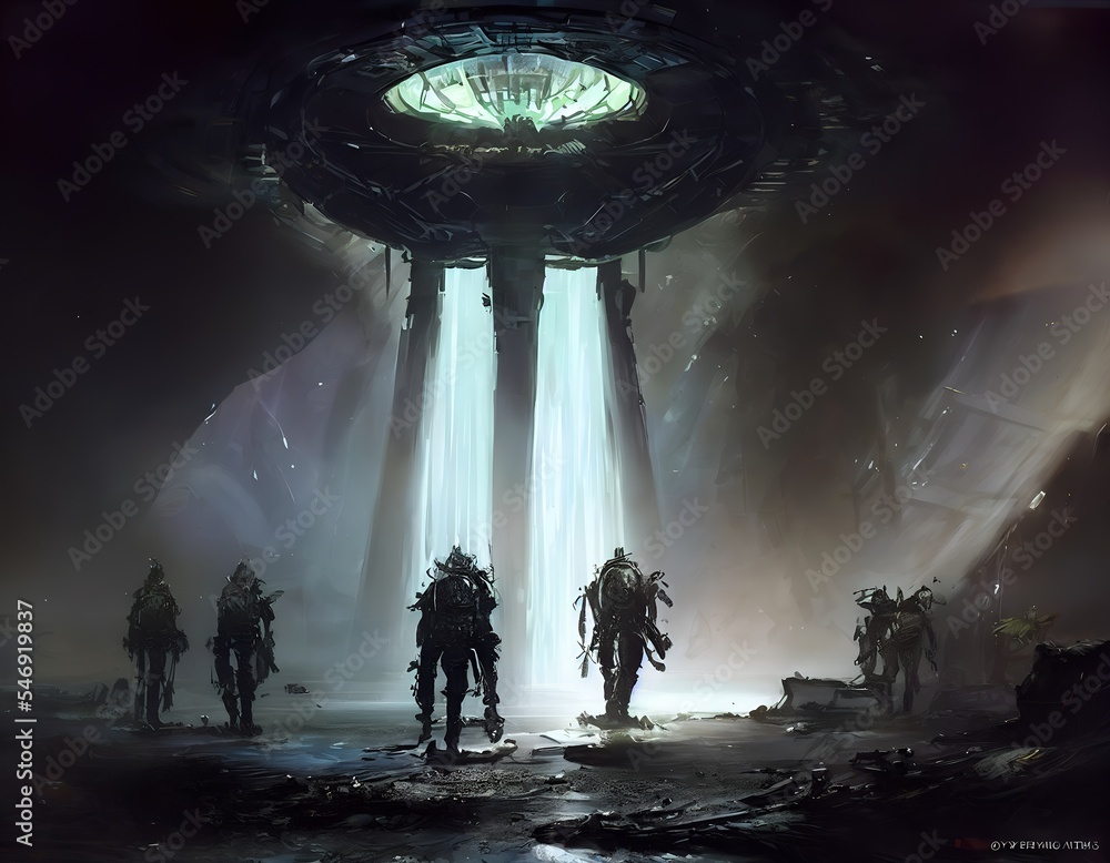 Wall mural giant robot on an alien planet explored by space astronauts/marines.