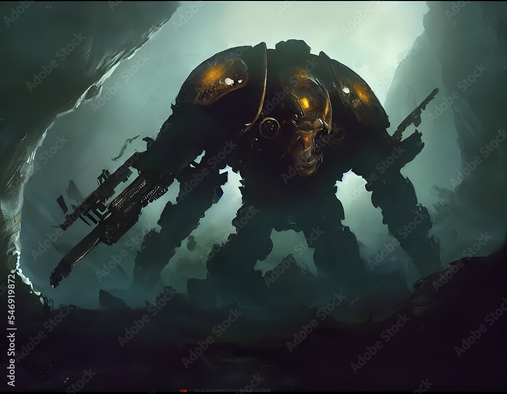 Wall mural giant robot on an alien planet explored by space astronauts/marines. generated ai