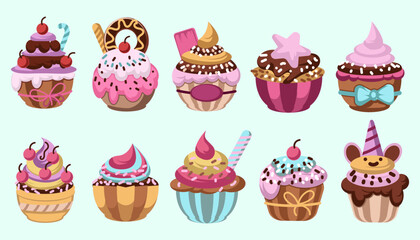 various decoration colorful cupcake flavours set illustrations