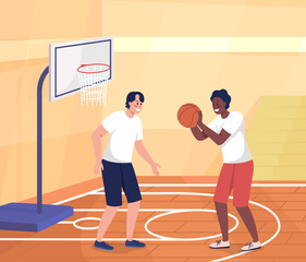 High school students playing basketball flat color raster illustration. Physical activity and competition at school. Sport game players 2D simple cartoon characters with gym on background