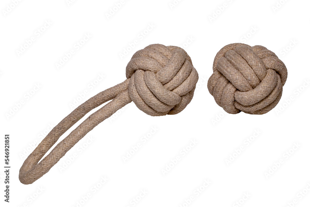 Wall mural rope isolated. close-up of two rope knote balls. macro. knoted rope dog toy.