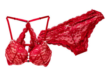 Bra and panties isolated. Close-up of a beautiful feminine stylish red bra and a luxurious elegant...