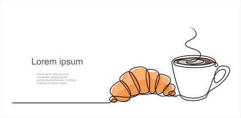 Croissant and coffee drawn in one line style. Breakfast theme with linear pastry and coffee for logo and posters, simple sketch design. Vector illustration isolated on white background