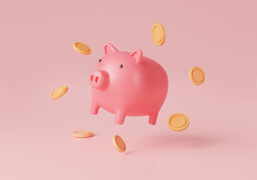 Piggy bank with coins on pink background. saving money concept. Finance, storage money, Business investment, growth money. 3d rendering illustration. cartoon minimal