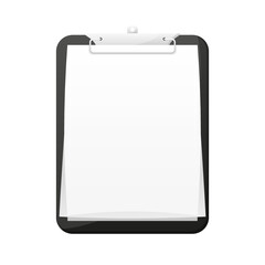Black Clipboard with blank white sheet isolated on white background. Vector illustration.
