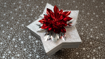 Silver shiny paper box a star shaped with silver-red bow (shiny red bow) perfect for Christmas