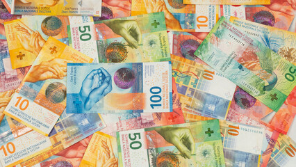 A lot of swiss franc (cash CHF). Swiss note background (europe money). Currency in Switzerland....