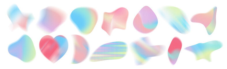 Abstract trendy grainy gradient shapes collection. Neon defocused blobs isolated on white. Textured pastel rainbow pink, blue and purple noise objects set