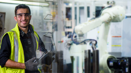 Caucasian engineer mechanic man checking for maintenance pressing metal machine by laptop at factory with blur robot by robotic machine, worker at industrial concept	
