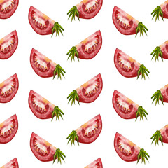 Seamless pattern on a white background. Slices of red tomato hand-painted in watercolor on a white background. Suitable for printing on paper, fabric, kitchen design, scrapbooking and creativity.