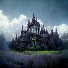 Digital art dark fantasy: gothic haunted manor in ruins made with generative AI