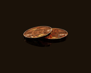 3D rendering - two souvenir Bitcoin coins lie on a dark mirror surface