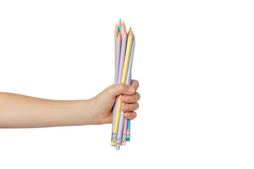 A set of pencils in hand. The hand is holding colored pencils. - obrazy, fototapety, plakaty
