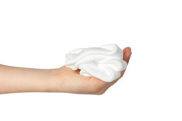Shaving foam on hand. Shaving cream isolated on white. The hand holds shaving foam.