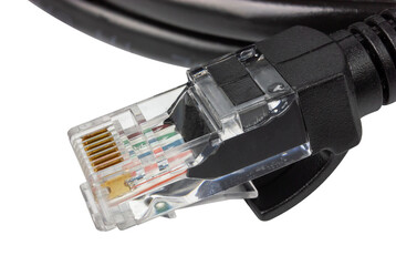 Black patch cord isolated on white. Patch cable with rj45 connector. - obrazy, fototapety, plakaty
