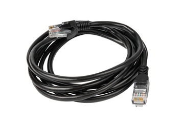 Patch cable with rj45 connector Black patch cord isolated on white. 