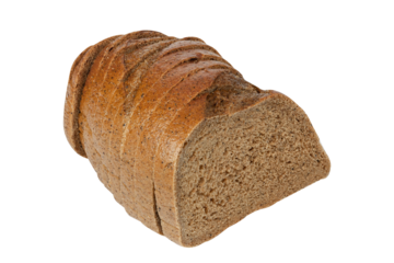 Black bread isolated on white background. Half of rye bread. Sliced bread. Pumpernickel isolated on white