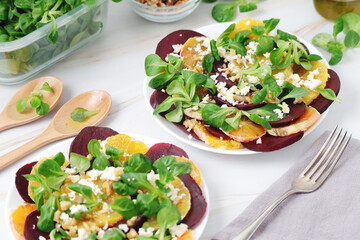 Beetroot and oranges fresh vegetarian salad	