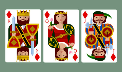 Diamond suit playing cards of King, Queen and Jack in funny modern flat style