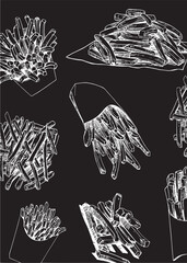  Graphical vertical pattern with  french fries on black background, stylish food cover for fabric, postcards, wallpapers,graphical vector illustration. Fast food and menu background design