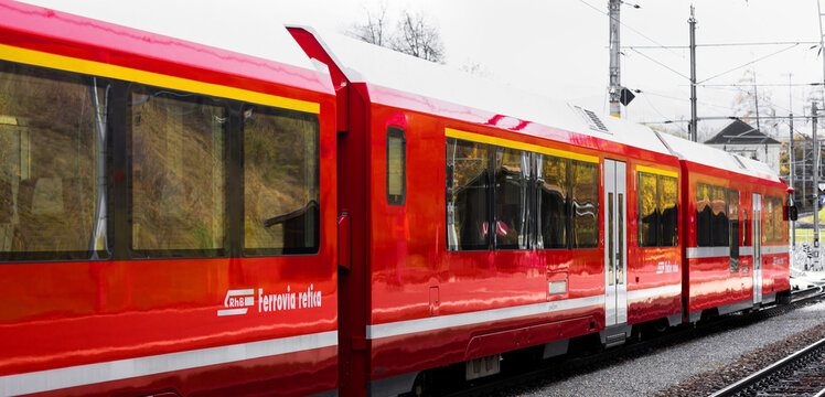 filisur, Graubuenden,switzerland - 05 11 2022: a modern rhb train near filisur graub&uuml;nden panorama