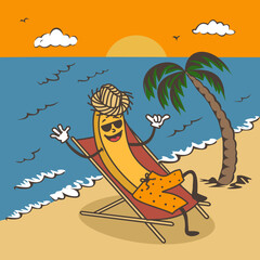 Banana man character relax on the sandy beach with palm in sunglasses and hat