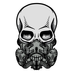 Human skull with protective gas mask