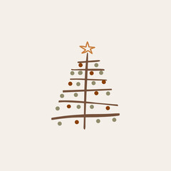 Boho minimalist vector and drawn simple Christmas trees isolated on a light background