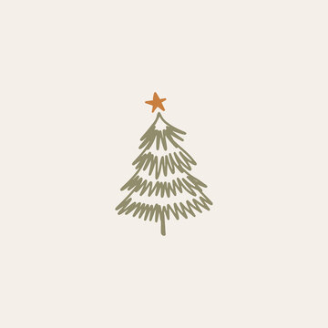 Boho minimalist vector and drawn simple Christmas trees isolated on a light background