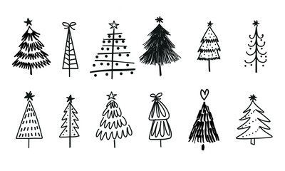 Christmas trees vector hand-drawn illustration set. Holidays bundle for any design purposes