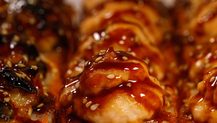 Baked sushi roll set. Close-up view.