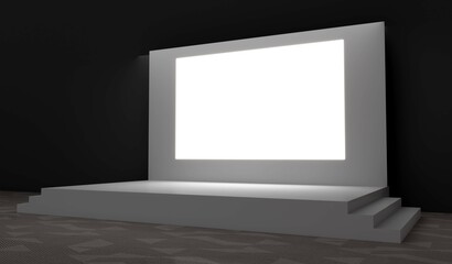 Empty stage design for mockup and corporate identity, display. Platform elements in hall. Blank screen system for graphic Resources. Scene event led night light staging. 3d rendering for online.