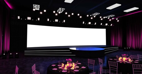 Conference Stage Designs. Meeting event scene, party scene design. Empty stage design for mockup and corporate identity, display. Platform elements in hall.  Stage mockup.