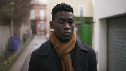 Obraz premium Contemplative black African male walking in city back alley