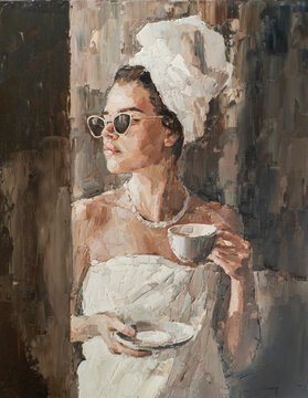 The girl is drinking coffee in a cafe. Woman with a cup in her hand. Oil painting on canvas.