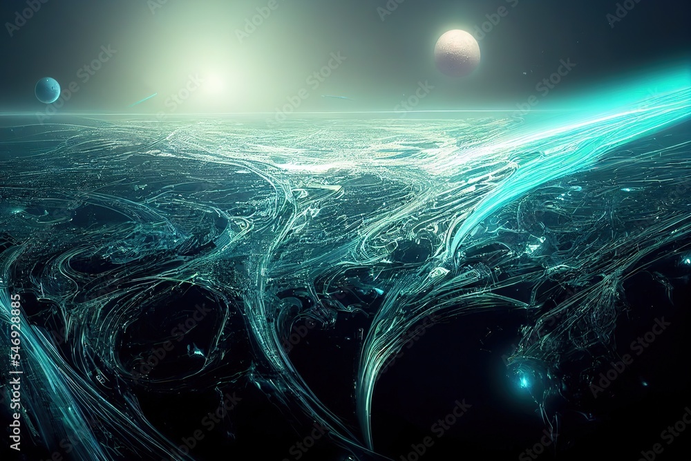 Poster modern futuristic neon abstract background. large object in the center, space background. dark scene